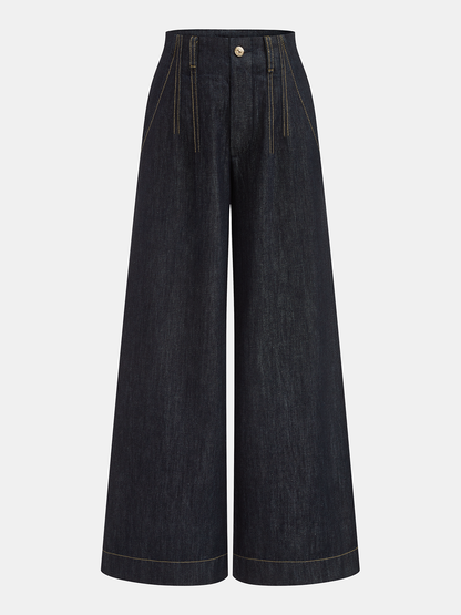 Salma | Jeans Pierna Ancha Tiro Alto con Costuras en Contraste