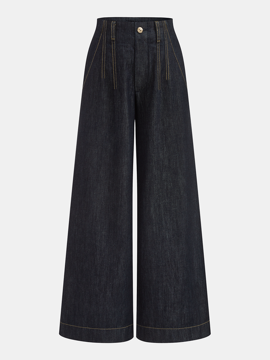 Salma | Jeans Pierna Ancha Tiro Alto con Costuras en Contraste