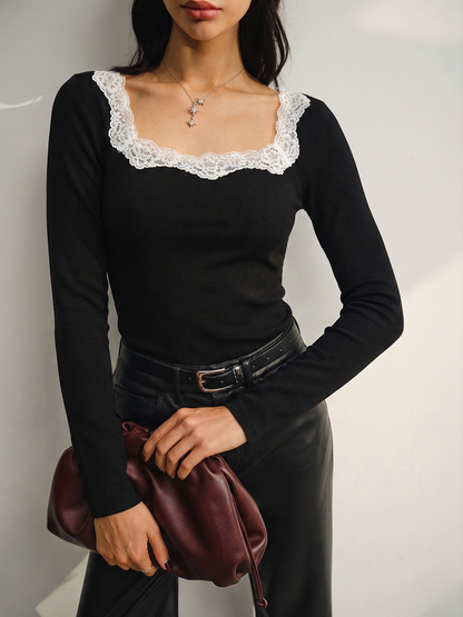 Brisa | Top Canalé con Encaje y Escote Cuadrado