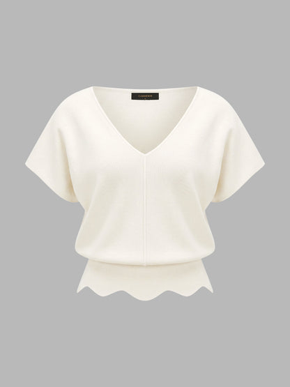 Yasmina | Top de Punto Cuello en V con Bajo Festoneado
