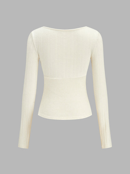 Square Neck Tie Ribbed Long Sleeve Top