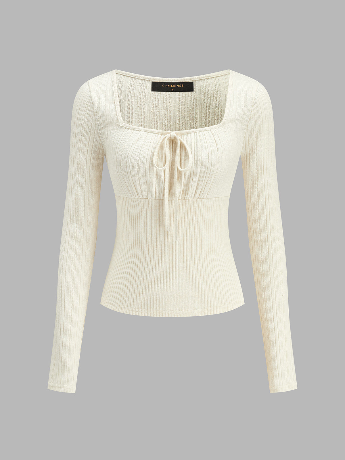 Square Neck Tie Ribbed Long Sleeve Top
