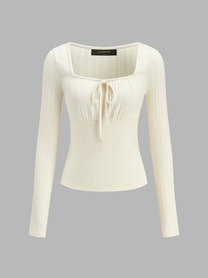 Square Neck Tie Ribbed Long Sleeve Top