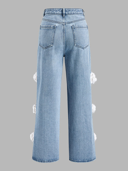 Yaiza | Jeans Pierna Ancha con Abertura y Flores Aplicadas