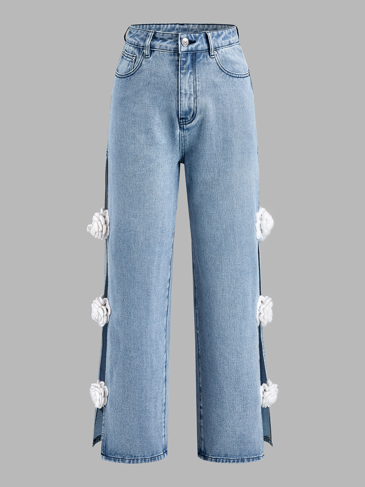 Yaiza | Jeans Pierna Ancha con Abertura y Flores Aplicadas