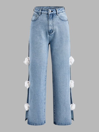 Yaiza | Jeans Pierna Ancha con Abertura y Flores Aplicadas