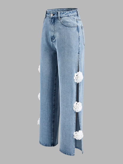 Yaiza | Jeans Pierna Ancha con Abertura y Flores Aplicadas