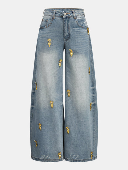 Aroa | Jeans Pierna Ancha con Corazones Decorativos