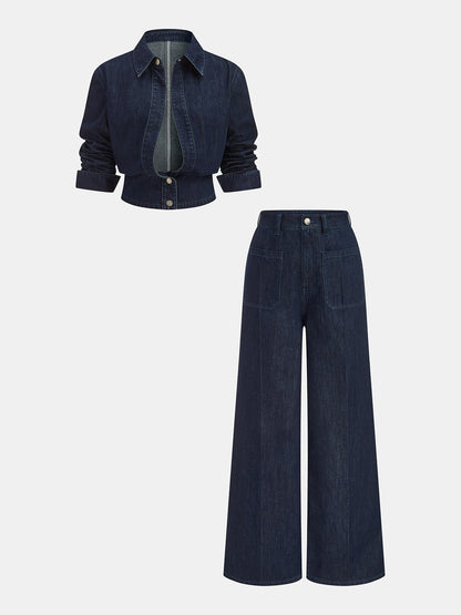 Denim Cropped Shirt & Wide Leg Jeans Set