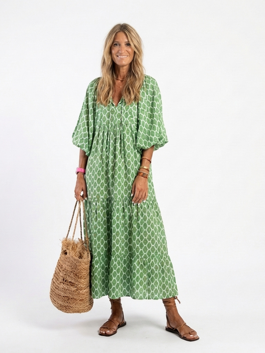 Agnese | Vestido Midi de Manga Tres Cuartos con Escote en V y Estampado - vestido de mujer, vista principal | Chloe Bennett