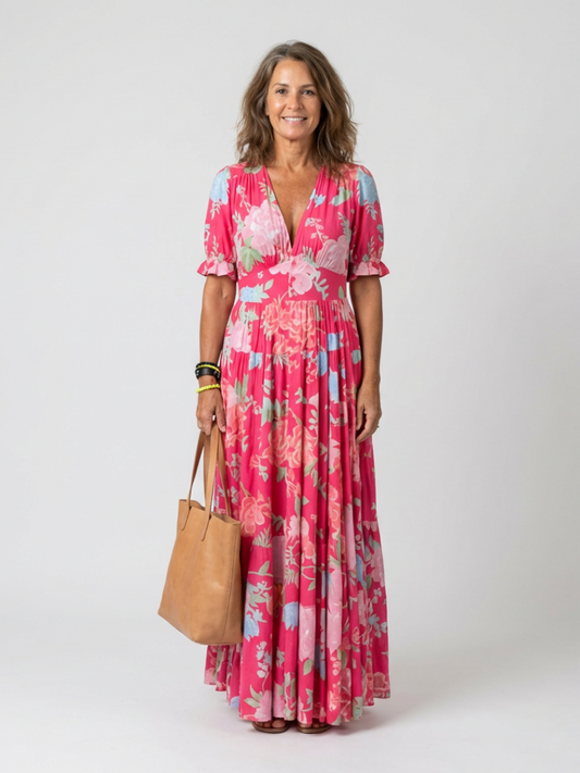 Rosa | Vestido Midi Floral de Manga Corta con Escote en V - vestido de mujer, vista principal | Chloe Bennett