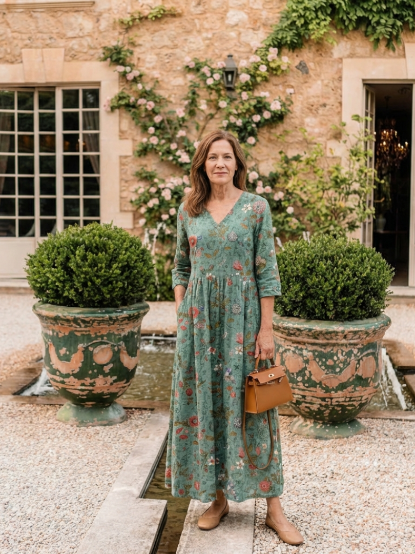 Graziella | Vestido Maxi Floral en V con Mangas Tres Cuartos - vestido de mujer, vista lateral | Chloe Bennett