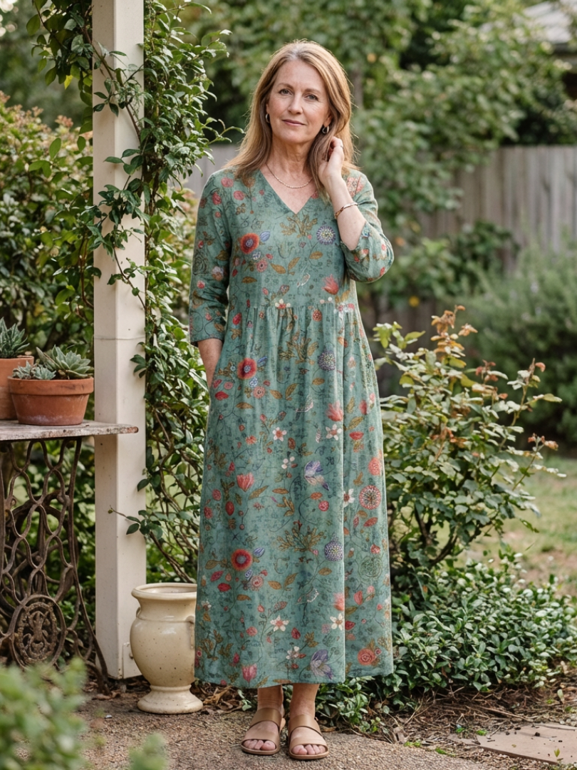 Graziella | Vestido Maxi Floral en V con Mangas Tres Cuartos - vestido de mujer, otro ángulo | Chloe Bennett