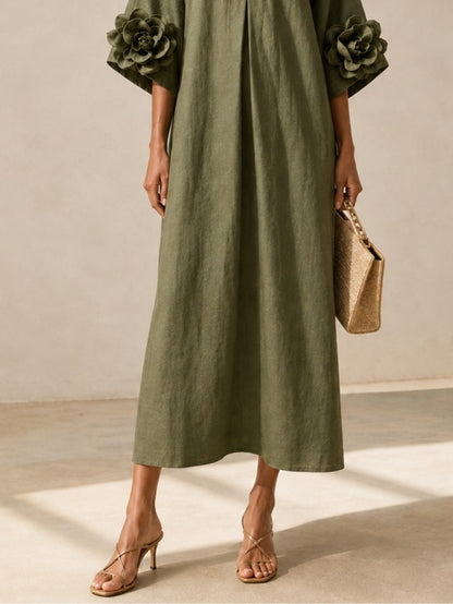 Louise | Vestido midi verde oliva con cuello en V y llamativos puños florales
