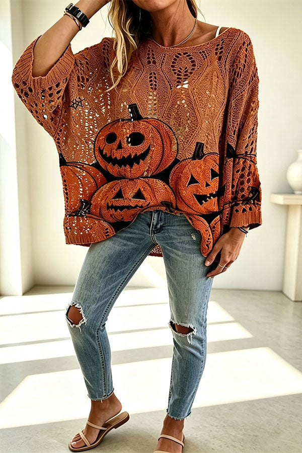 Halloween Pumpkin & Bat Hollow Out Knit Oversized Sweater - chaqueta de mujer, vista principal | Chloe Bennett