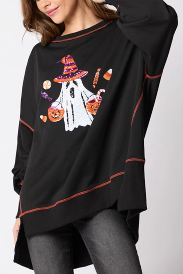 Halloween Ghost Sequin Loose Casual Sweatshirt - moda halloween, vista trasera | Chloe Bennett