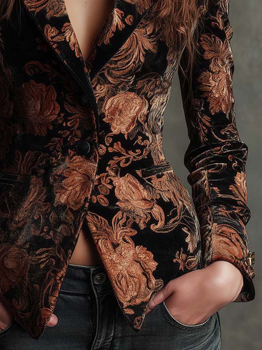 Blazer Sastre con Estampado Floral Negro y Bronce