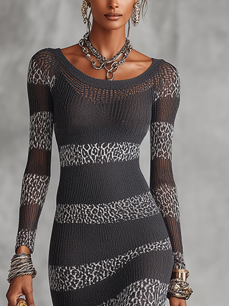 Vestido Ajustado Gris y Blanco