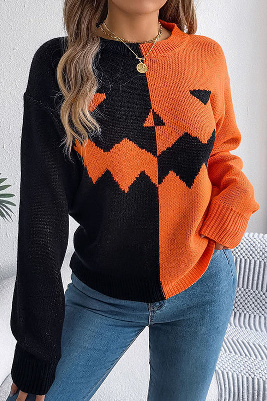 Halloween Pumpkin Contrast Color Long Sleeve Loose Sweater - chaqueta de mujer, vista principal | Chloe Bennett