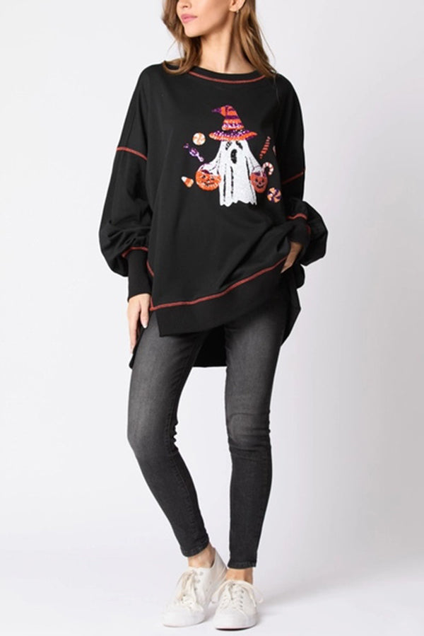 Halloween Ghost Sequin Loose Casual Sweatshirt - moda halloween, otro ángulo | Chloe Bennett