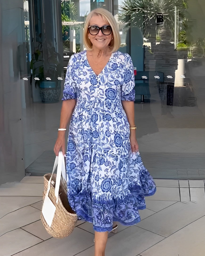 Caterina | Vestido Floral V-Neck Elegante - vestido de mujer, detalle | Chloe Bennett