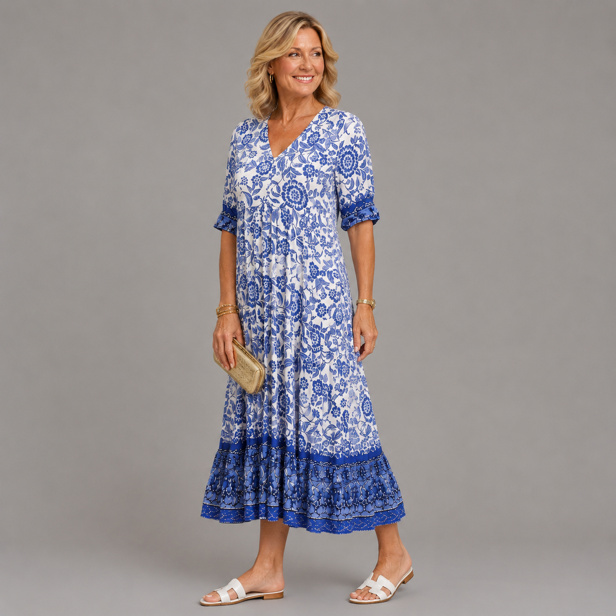 Caterina | Vestido Floral V-Neck Elegante - vestido de mujer, vista frontal | Chloe Bennett