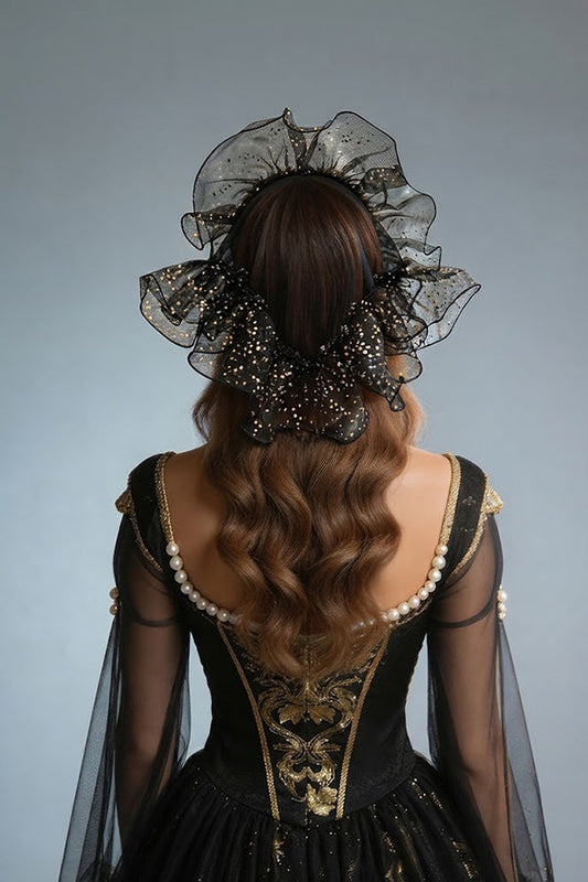 Black Multi-layered Ruffled Tulle Headband - accesorio de pelo, vista principal | Chloe Bennett