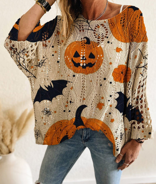 Halloween Pumpkin & Bat Hollow Out Knit Oversized Sweater - chaqueta de mujer, vista principal | Chloe Bennett