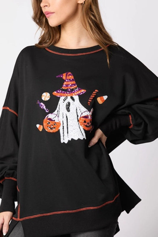 Halloween Ghost Sequin Loose Casual Sweatshirt - moda halloween, vista principal | Chloe Bennett