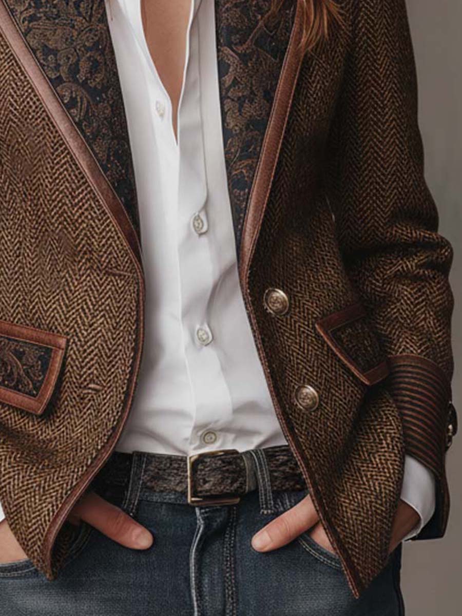 Blazer Espiga con Paneles Estampados