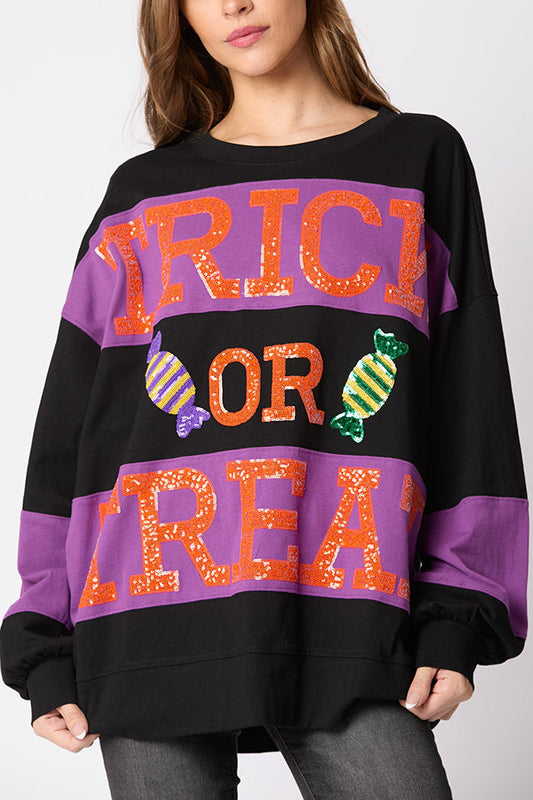 Halloween Letter Sequined Color Block Loose Casual Sweatshirt - moda halloween, vista principal | Chloe Bennett