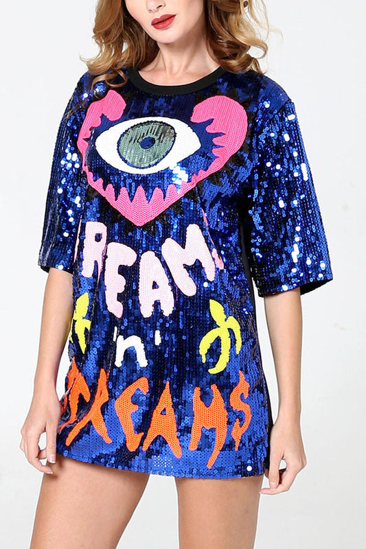 Love Eyes Letters Sequined Round Neck Short Sleeve Mid-Length Loose T-Shirt - blusa de mujer, vista principal | Chloe Bennett