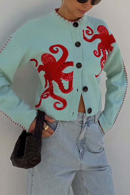 Coastal Fashion Knit Octopus Graphic Contrast Piping Button Up Loose Cardigan - chaqueta de mujer, vista principal | Chloe Bennett