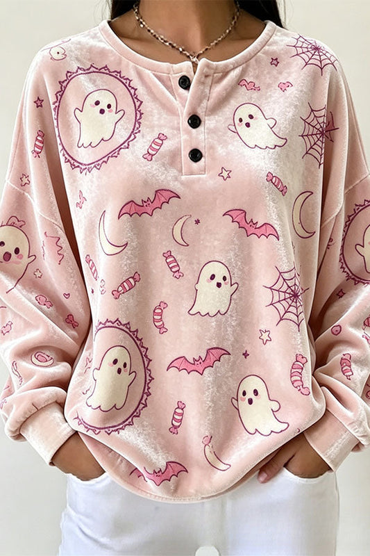Spooky Season Velvet Long Sleeve Halloween Shirt with Buttons - blusa de mujer, vista principal | Chloe Bennett