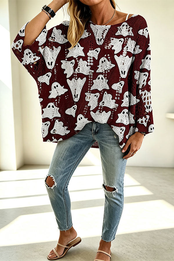 Halloween Pumpkin & Bat Hollow Out Knit Oversized Sweater - chaqueta de mujer, vista trasera | Chloe Bennett