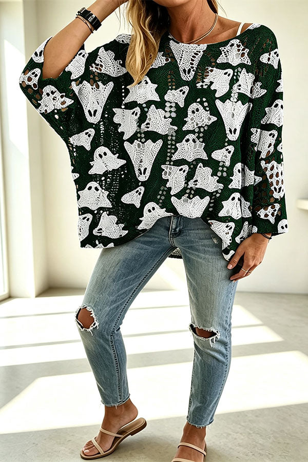 Halloween Pumpkin & Bat Hollow Out Knit Oversized Sweater - chaqueta de mujer, detalle | Chloe Bennett