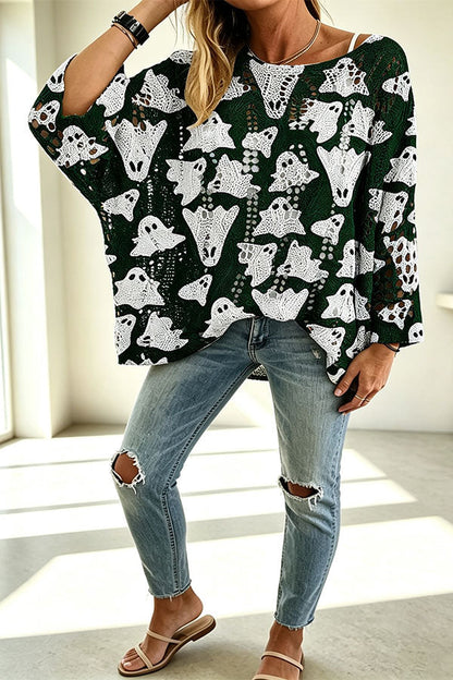 Halloween Pumpkin & Bat Hollow Out Knit Oversized Sweater - chaqueta de mujer, detalle | Chloe Bennett