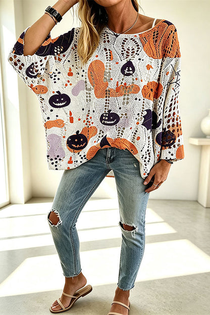 Halloween Pumpkin & Bat Hollow Out Knit Oversized Sweater - chaqueta de mujer, modelo luciendo la prenda | Chloe Bennett