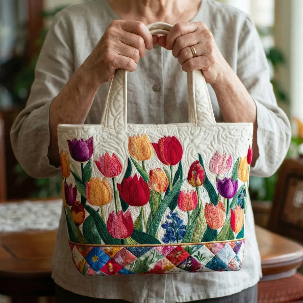 Bolso Acolchado - Jardín de Tulipanes - bolso de mujer, vista frontal | Chloe Bennett