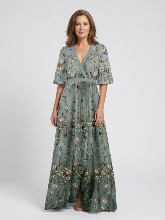 Vincenza | Vestido Maxi Floral en V de Manga Corta - vestido de mujer, vista principal | Chloe Bennett
