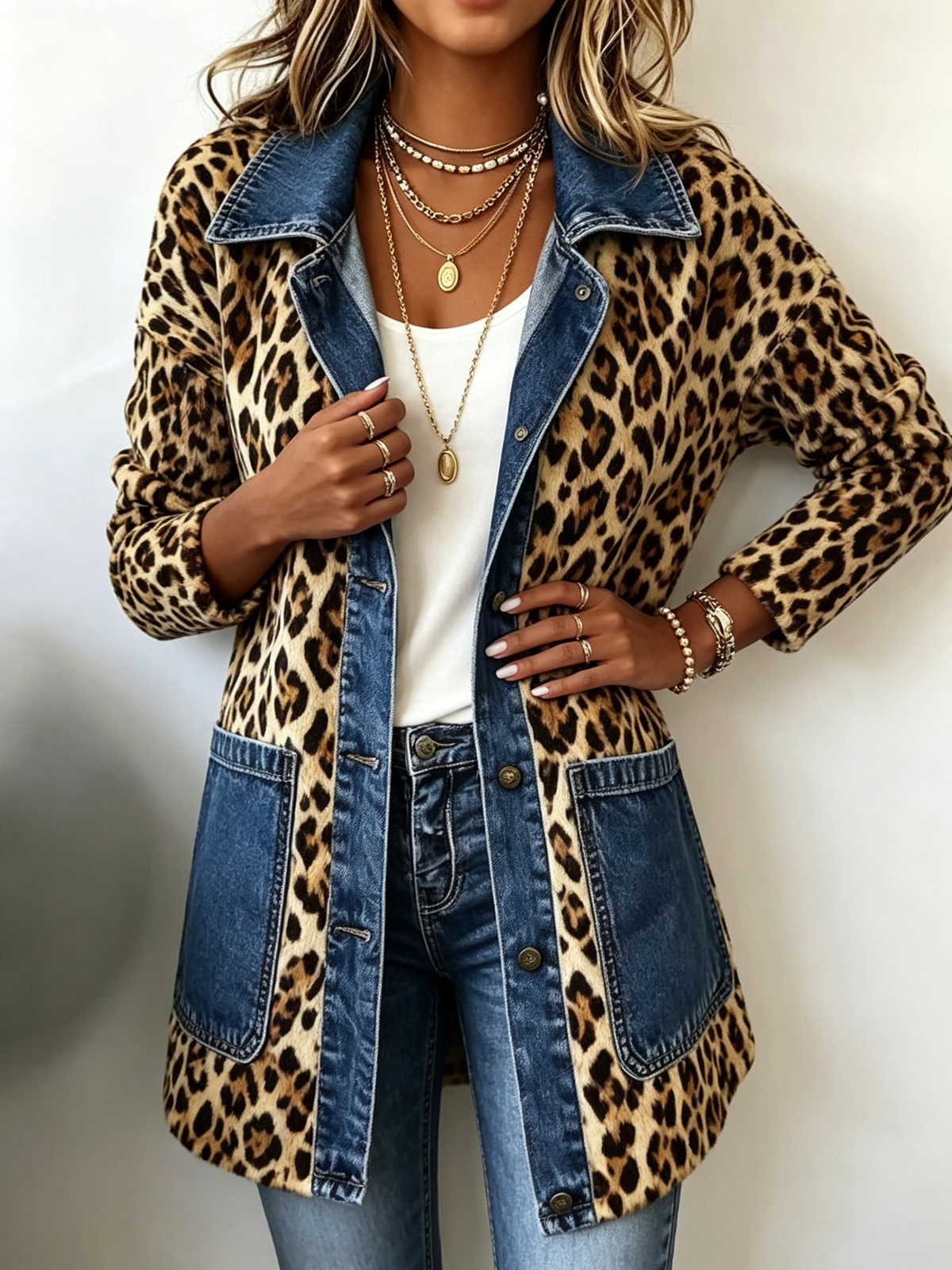 Maria | Chaqueta Larga en Contraste de Denim con Estampado Leopardo - chaqueta de mujer, vista principal | Chloe Bennett