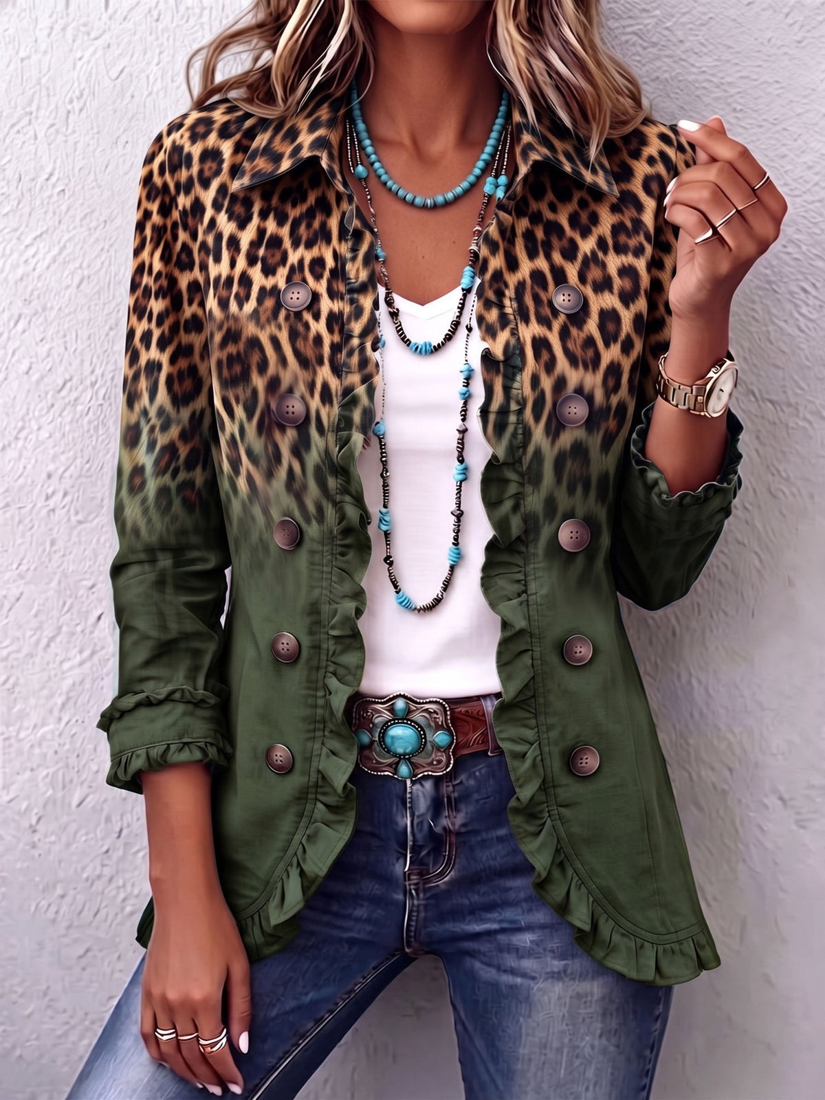 Filomena | Blazer con Volantes Ombré Leopardo - chaqueta de mujer, vista lateral | Chloe Bennett