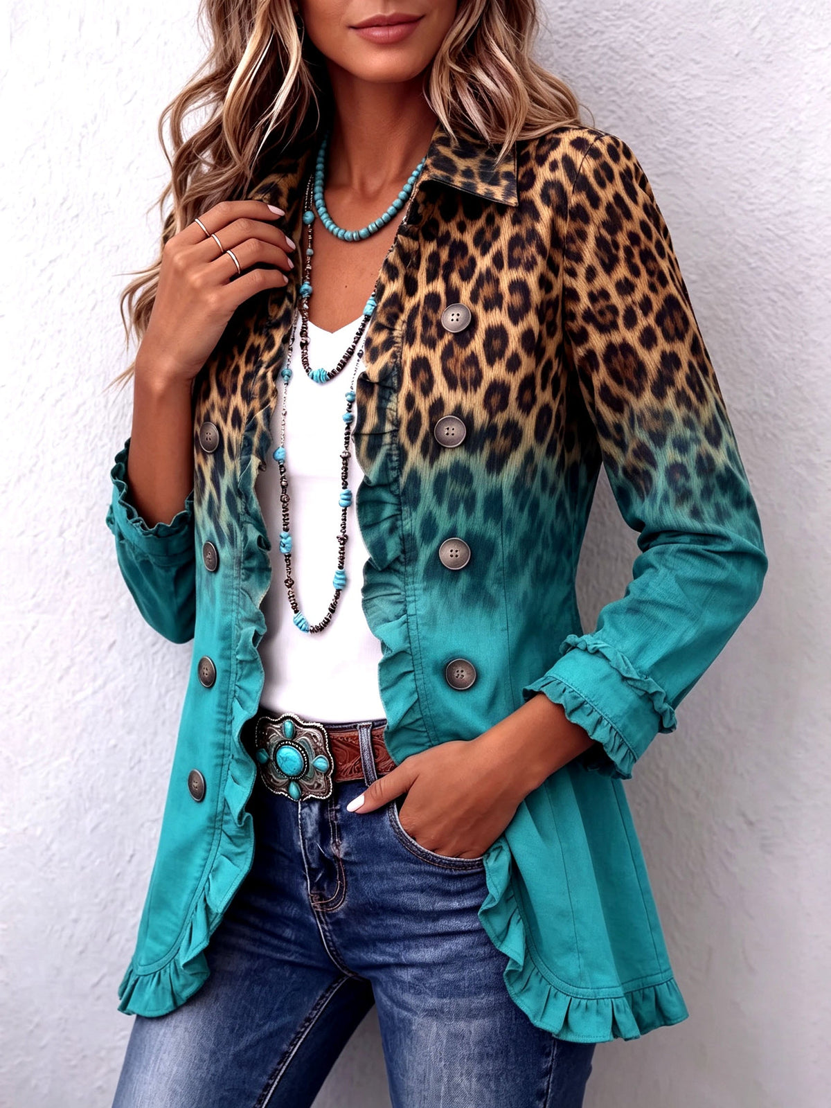 Filomena | Blazer con Volantes Ombré Leopardo - chaqueta de mujer, vista frontal | Chloe Bennett