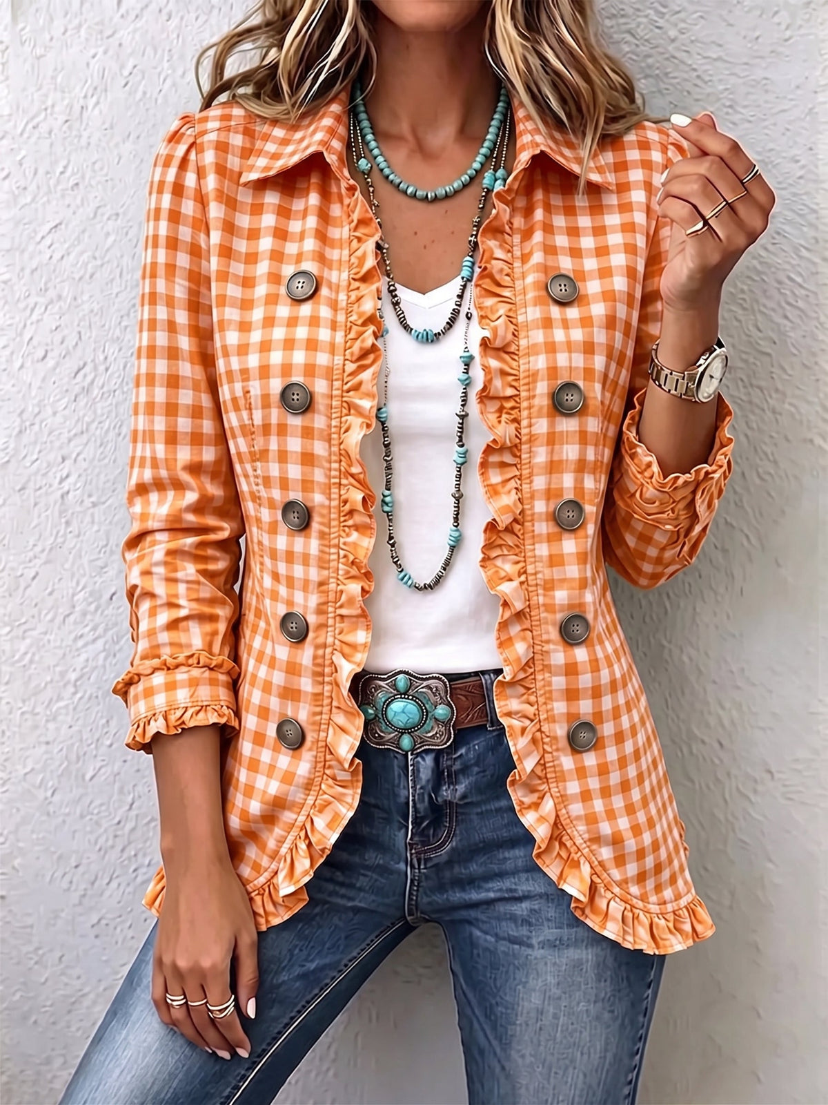 Caterina | Chaqueta Button-Down a Rayas con Volante - chaqueta de mujer, vista frontal | Chloe Bennett