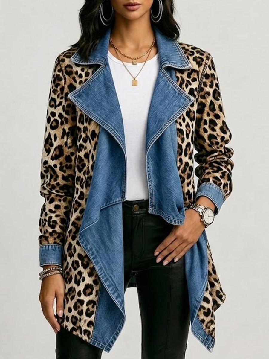 Rosa | Chaqueta de Media Longitud con Estampado Leopardo y Paneles de Denim Lavado - chaqueta de mujer, vista principal