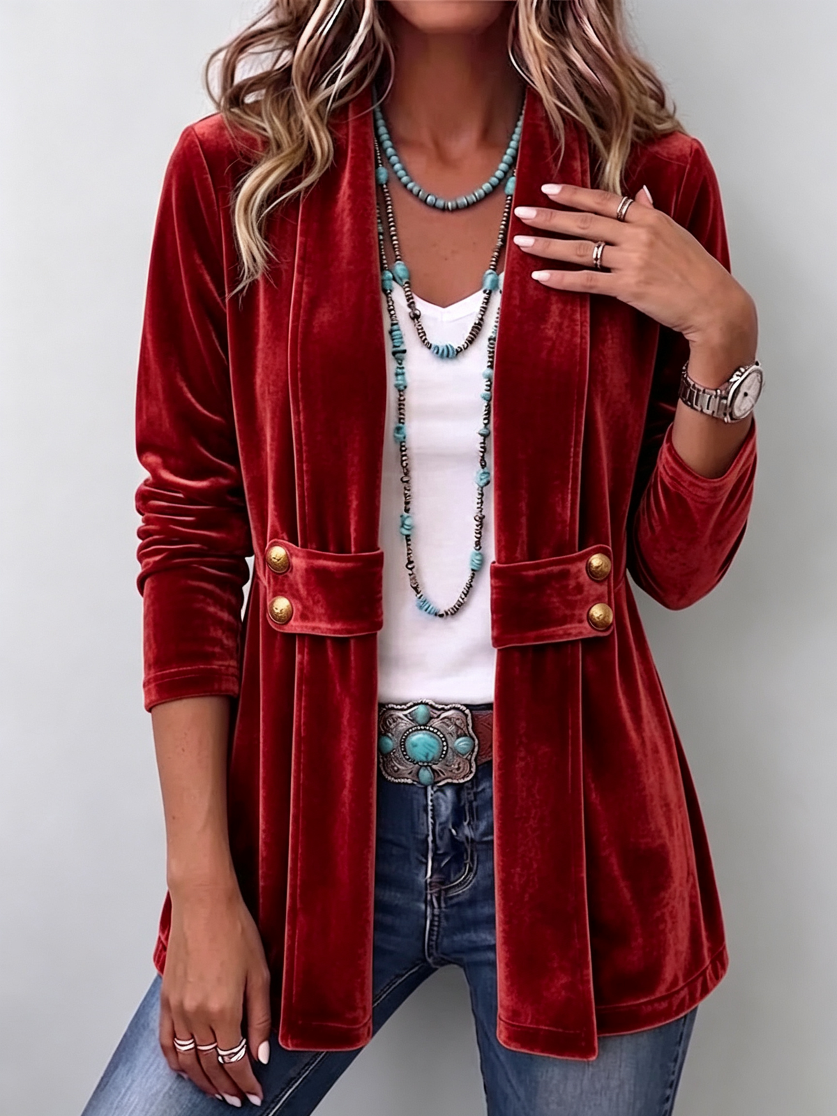 Concetta | Chaqueta Vintage con Botones en el Cuello y Mangas Largas - chaqueta de mujer, otro ángulo | Chloe Bennett