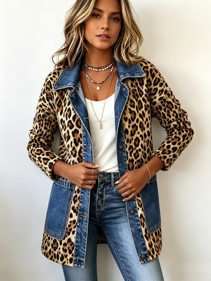 Maria | Chaqueta Larga en Contraste de Denim con Estampado Leopardo - chaqueta de mujer, detalle | Chloe Bennett