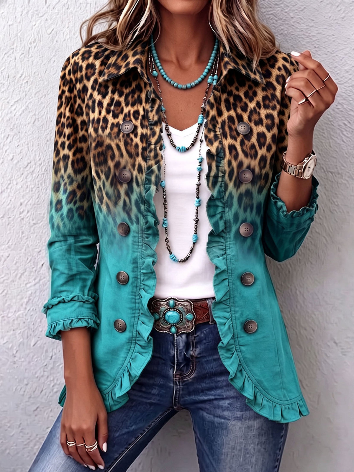 Filomena | Blazer con Volantes Ombré Leopardo - chaqueta de mujer, vista principal | Chloe Bennett