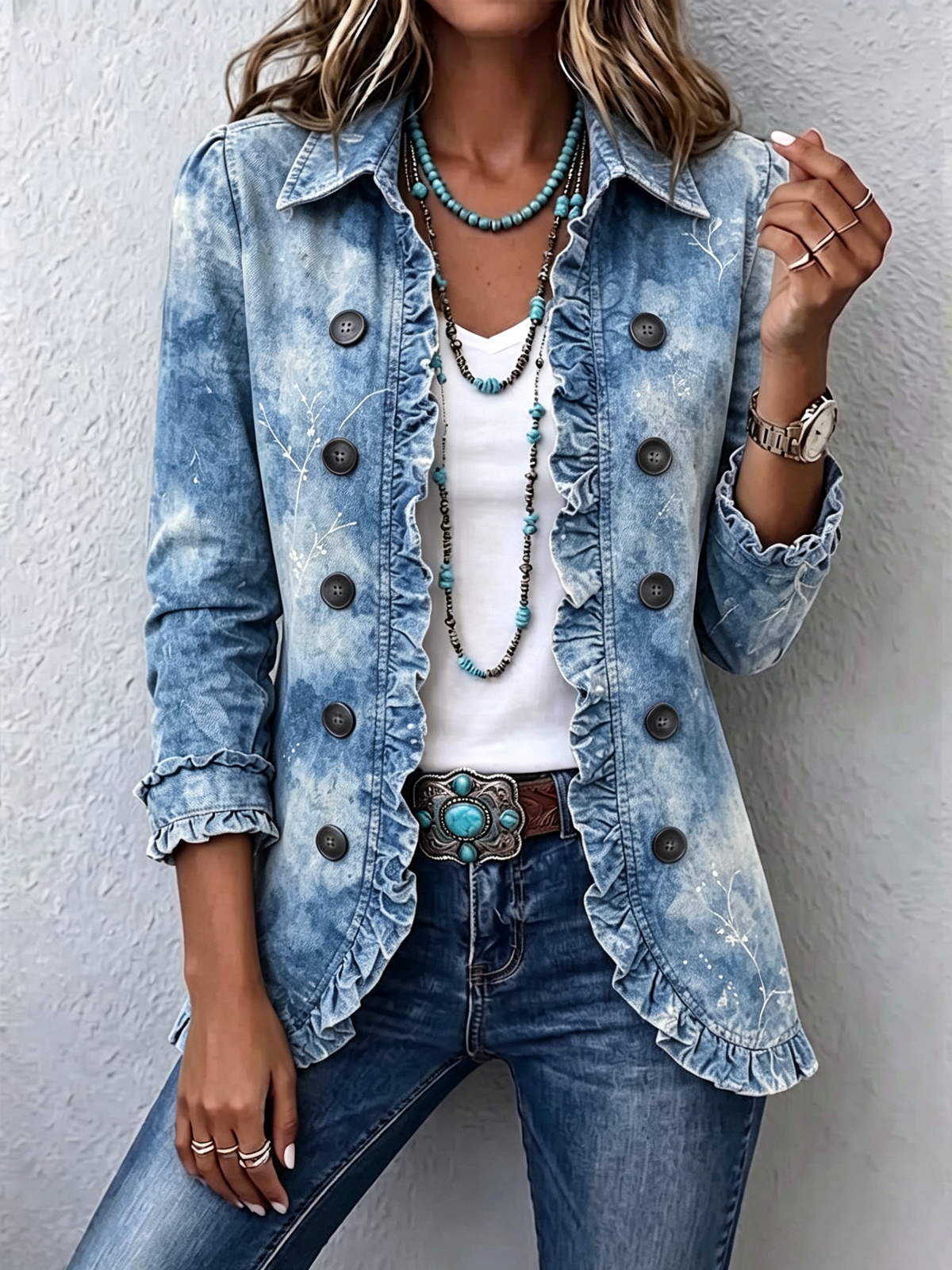 Giuseppina | Chaqueta Vintage Botánica Boho con Estampado Degradado y Detalles de Volante - chaqueta de mujer, vista principal