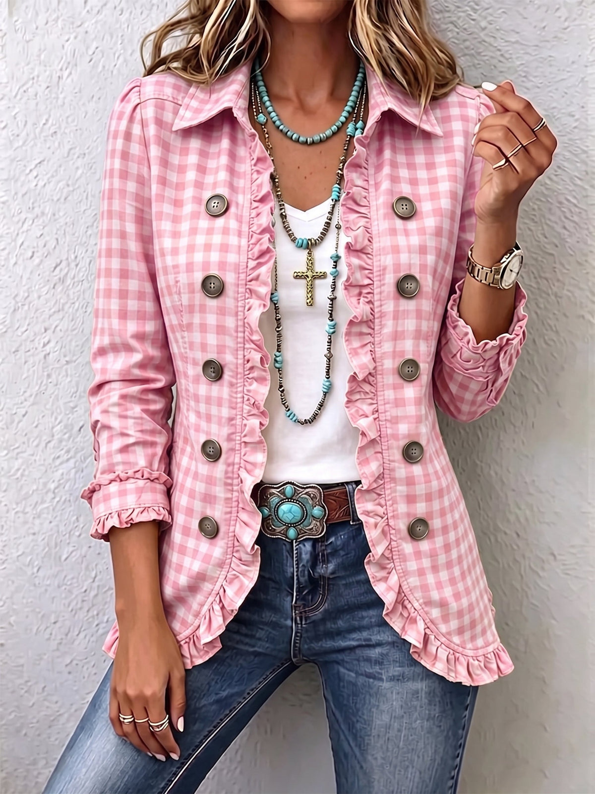 Caterina | Chaqueta Button-Down a Rayas con Volante - chaqueta de mujer, otro ángulo | Chloe Bennett